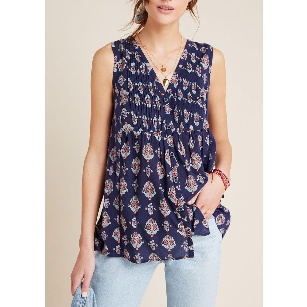 Anthropologie Maeve Bailee Pleated Top Navy Blue Floral - Medium